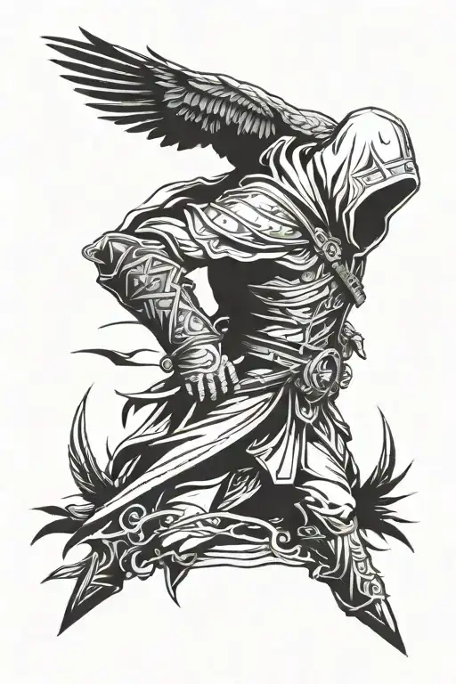 assassins creed logo with bird perched tattoo design idea