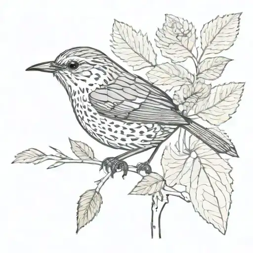 wren bird with leaves tattoo design idea