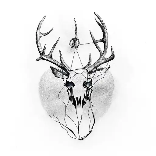 A minimalist tattoo of a deer skull with antlers surrounded by a fishing net tattoo design idea