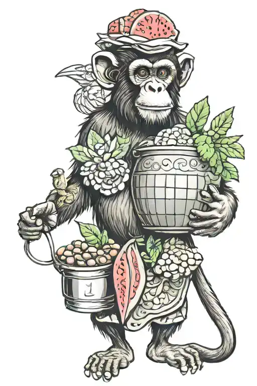 monkey with watermelon on head holding a bucket of fried chickens  tattoo design idea
