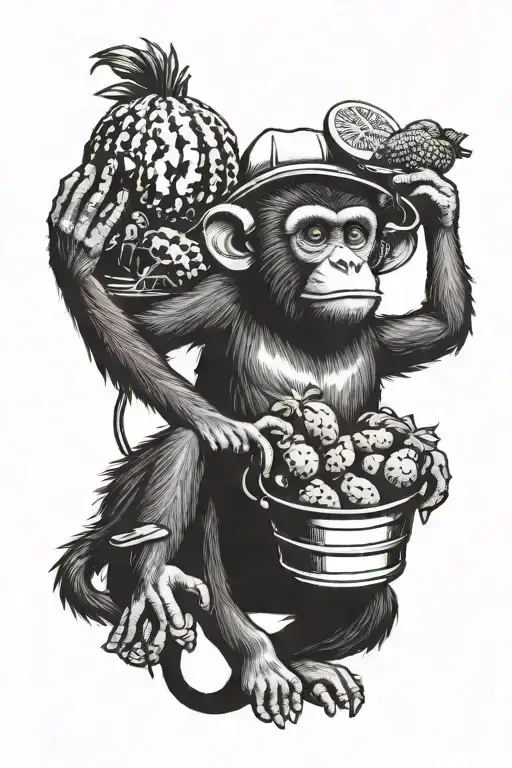 monkey with watermelon on head holding a bucket of fried chickens  tattoo design idea