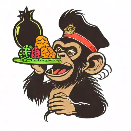 monkey with watermelon on head holding a bucket of fried chickens  tattoo design idea