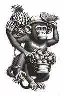 monkey with watermelon on head holding a bucket of fried chickens  tattoo design idea
