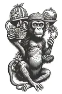 monkey with watermelon on head holding a bucket of fried chickens  tattoo design idea