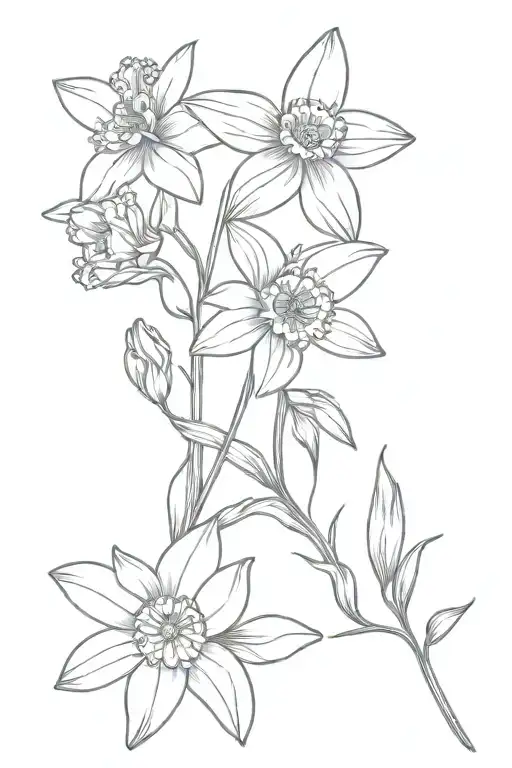 daisy, daffodil and larkspur flowers intertwined tattoo design idea