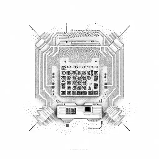A pixelated computer keyboard with game controllers intertwined tattoo design idea