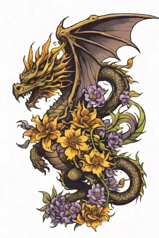 flying dragon with body made of flowers: marigold, narcissus, mum, larkspur, aster, gladiolus, violet, Lily of the valle tattoo design idea