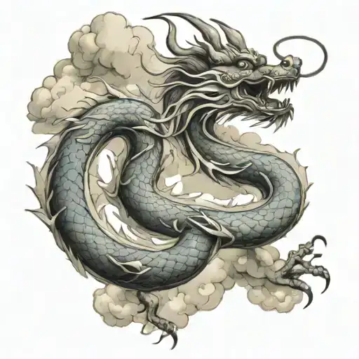 decending Chinese dragon with clouds tattoo design idea