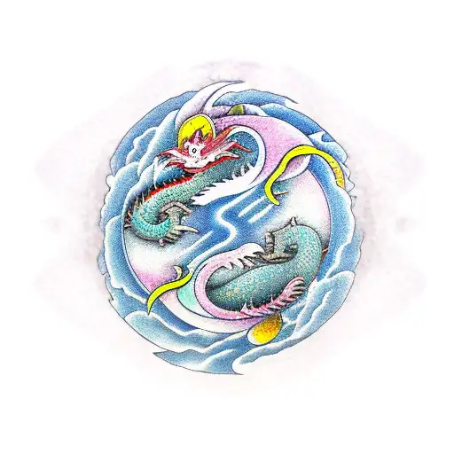 small japanese peaceful Dragon with ying yang  tattoo design idea