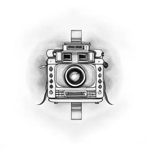 A black-grey tattoo of a vintage film camera with film reels, capturing the client's passion for cinema and videography tattoo design idea