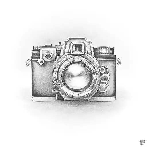 A black-grey tattoo of a vintage film camera with film reels, capturing the client's passion for cinema and videography tattoo design idea