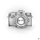 A black-grey tattoo of a vintage film camera with film reels, capturing the client's passion for cinema and videography tattoo design idea