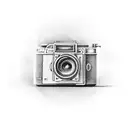 A black-grey tattoo of a vintage film camera with film reels, capturing the client's passion for cinema and videography tattoo design idea