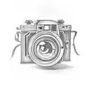 A black-grey tattoo of a vintage film camera with film reels, capturing the client's passion for cinema and videography tattoo design idea