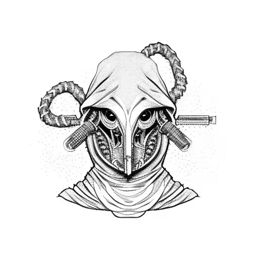 A plague doctor wearing a cloak made of computer cables and holding a key in one hand tattoo design idea