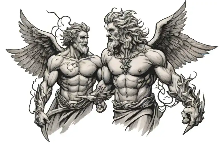 Zeus and fallen angel standing with lightning bolt with wings at the back tattoo design idea