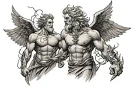 Zeus and fallen angel standing with lightning bolt with wings at the back tattoo design idea