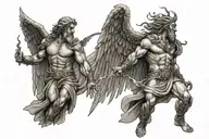 Zeus and fallen angel standing with lightning bolt with wings at the back tattoo design idea