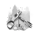 A chef's knife surrounded by various cooking utensils tattoo design idea