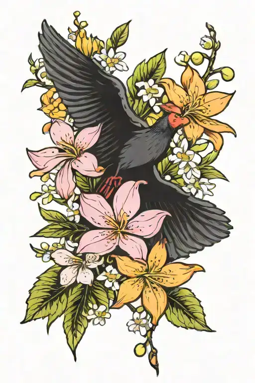 pink plumeria, dogwood flowers, orange blossom, yellow daisy, yellow hibsicus, cherry blossoms, black gamecock iris tattoo design idea