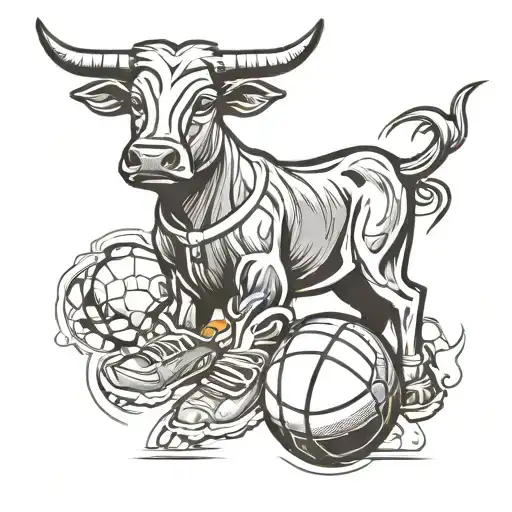 A University of Texas longhorn surrounded by a basketball, football, soccer ball, and Jordan sneakers tattoo design idea