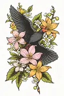 pink plumeria, dogwood flowers, orange blossom, yellow daisy, yellow hibsicus, cherry blossoms, black gamecock iris tattoo design idea
