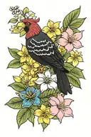pink plumeria, dogwood flowers, orange blossom, yellow daisy, yellow hibsicus, cherry blossoms, black gamecock iris tattoo design idea
