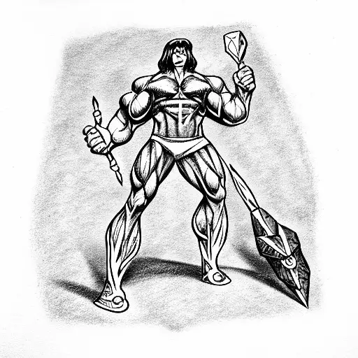 massively muscular 20 year oldhe-man holding a magic wand with a crystal on top  tattoo design idea