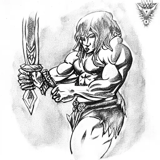 massively muscular teenage barbarian holding a magic wand with a crystal on top tattoo design idea