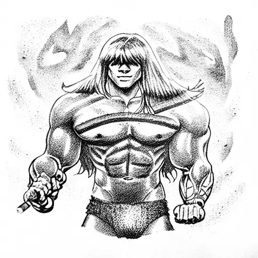 massively muscular teenage he-man holding a magic wand with a crystal on top  tattoo design idea