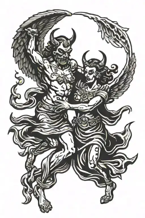 devil and angel dancing together tattoo design idea