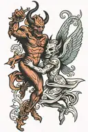 devil and angel dancing together tattoo design idea