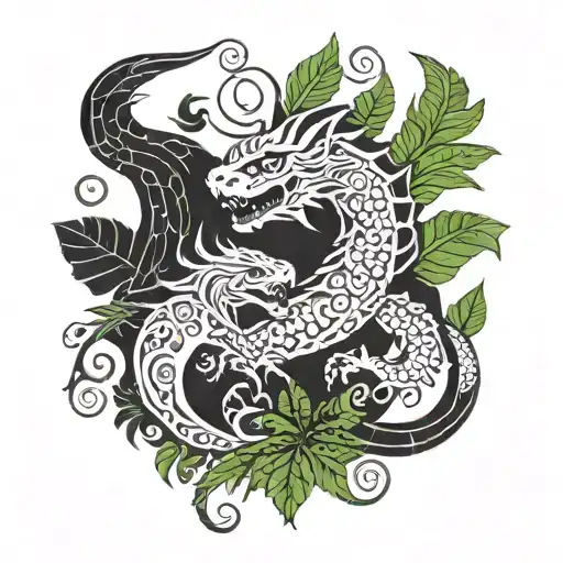 dragon and jaguar with ferns and birds tattoo design idea