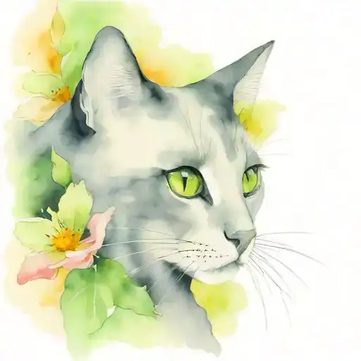 schwarze katze mit grünen Augen schräg von der Seite mit Blumen im Hintergrund  tattoo design idea