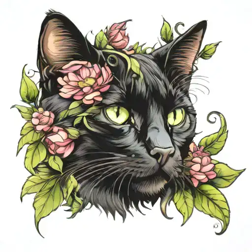schwarze katze mit grünen Augen schräg von der Seite mit Blumen im Hintergrund  tattoo design idea