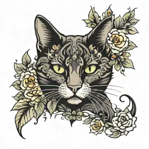 schwarze katze mit grünen Augen schräg von der Seite mit Blumen tattoo design idea