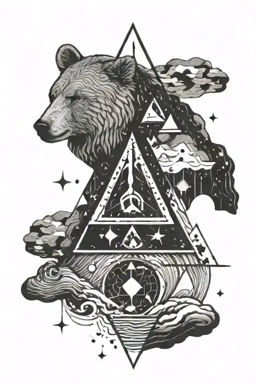 Fineline B/w tattoo with a creative mix of following symbols: star, bear, rainbow, rock, water, triangle, heart, Stand-u tattoo design idea