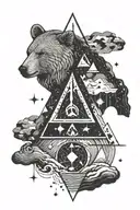 Fineline B/w tattoo with a creative mix of following symbols: star, bear, rainbow, rock, water, triangle, heart, Stand-u tattoo design idea