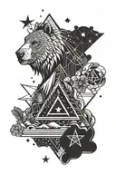 Fineline B/w tattoo with a creative mix of following symbols: star, bear, rainbow, rock, water, triangle, heart, Stand-u tattoo design idea