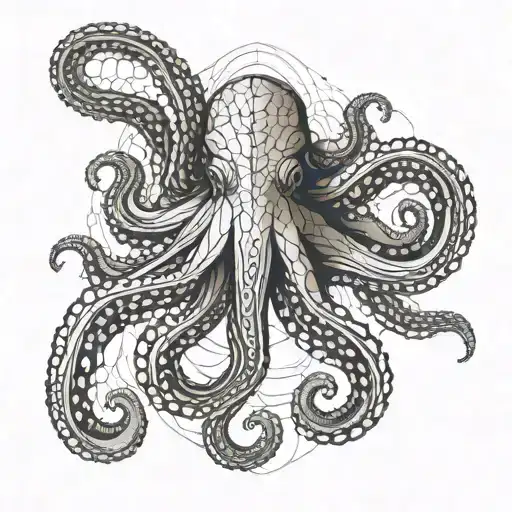 An imposing octopus in a symmetrical pose facing the viewer. tattoo design idea