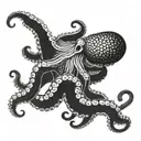 An imposing octopus in a symmetrical pose facing the viewer. tattoo design idea