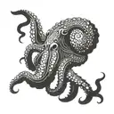 An imposing octopus in a symmetrical pose facing the viewer. tattoo design idea