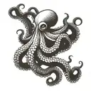 An imposing octopus in a symmetrical pose facing the viewer. tattoo design idea