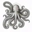 An imposing octopus in a symmetrical pose facing the viewer. tattoo design idea