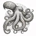 An imposing octopus in a symmetrical pose facing the viewer. tattoo design idea