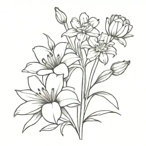 Bouquet of flowers, black and white, simple lines. 1 Lily, 1 aster, 1 carnation, 2 marigolds  tattoo design idea