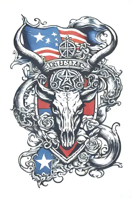 half sleeve tattoo featuring texas flag, texas seal, shotguns, roses, bull skull deer antlers and cross tattoo design idea