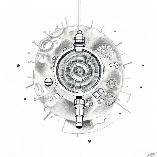 A sketch-style tattoo of a microscope with bacteria and viruses inside tattoo design idea