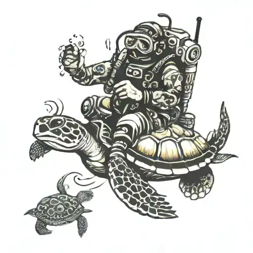 scuba diver and turtle tattoo design idea