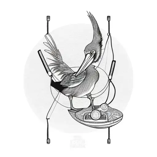 A black and grey sketch of a pelican chilling on a hammock with headphones on tattoo design idea